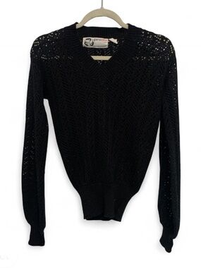 Black Open-Knit V-Neck Sweater